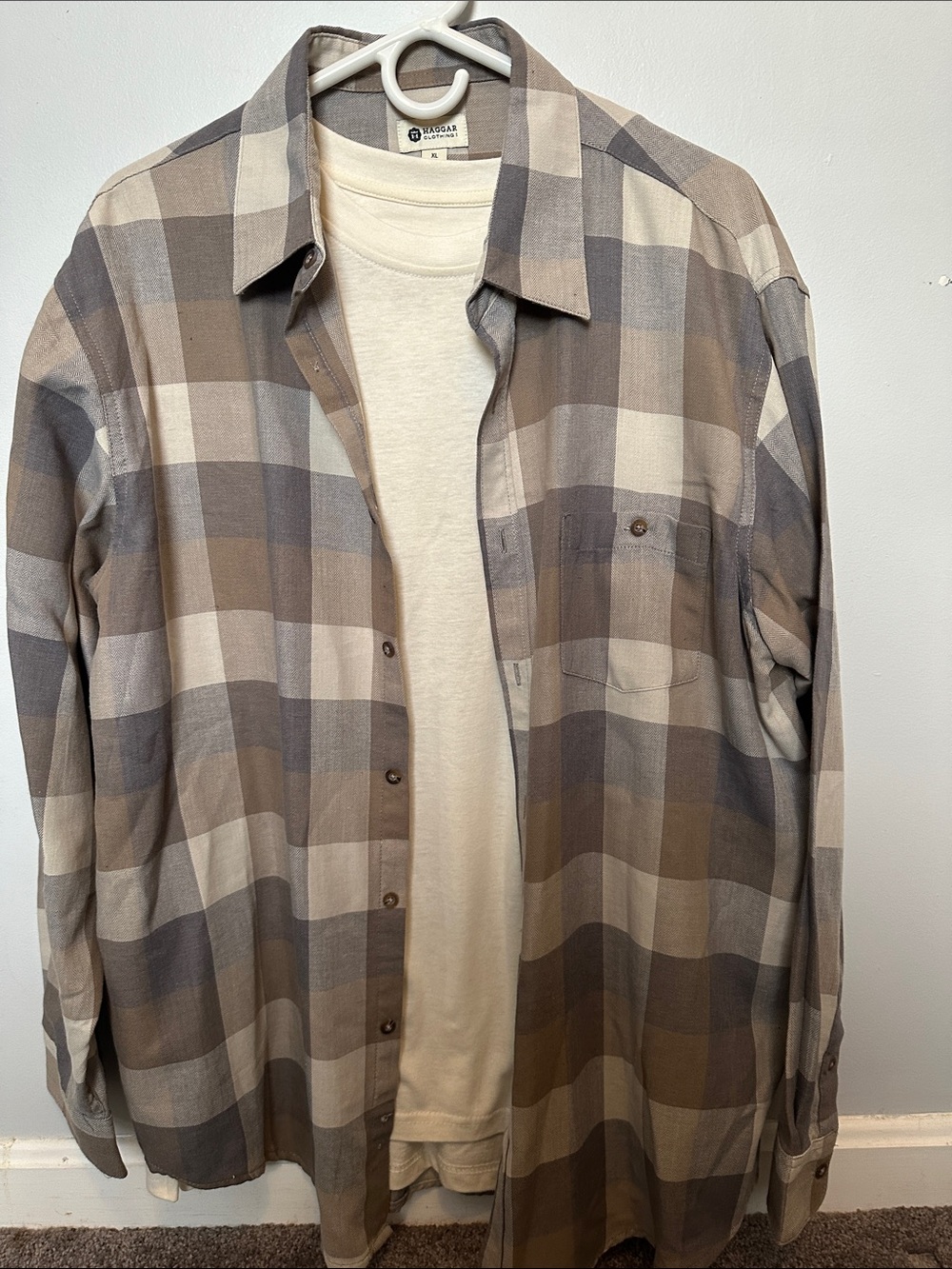 Haggar Men's Casual Button-Down Plaid Shirt with short sleeve tee underneath
